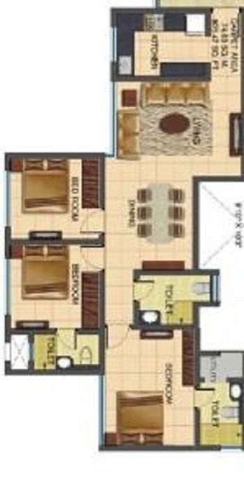 Floor plan of 3 BHK 1521 Sq. Ft. Apartment in Nirmal US Open, Mumbai