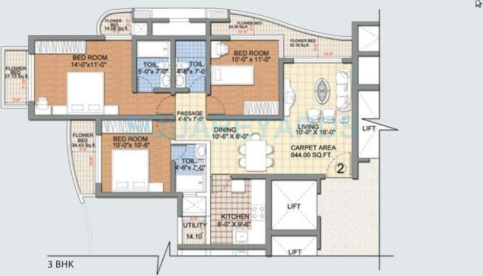 Floor plan of 3 BHK 1395 Sq. Ft. Apartment in Nirmal US Open, Mumbai