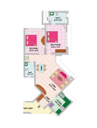 Floor plan of 2 BHK 897 Sq. Ft. Apartment in Nirmal Zircon and Amethyst, Mumbai