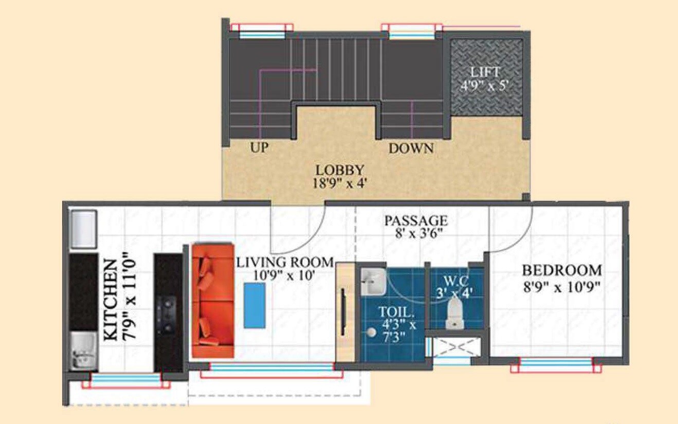 Floor plan of 1 BHK 358 Sq. Ft. Apartment in Nirmitee Sagar Darshan CHS, Mumbai