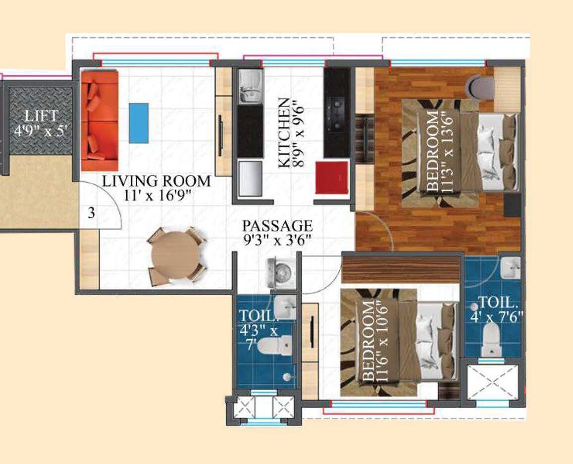 Floor plan of 2 BHK 671 Sq. Ft. Apartment in Nirmitee Sagar Darshan CHS, Mumbai