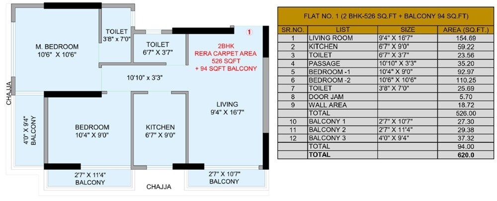 Floor plan of 2 BHK 620 Sq. Ft. Apartment in Nirvaana Coral, Mumbai