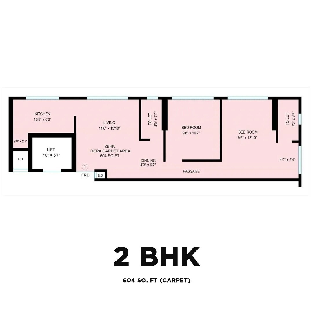 Floor plan of 2 BHK 604 Sq. Ft. Apartment in Nirvaana Crown, Mumbai