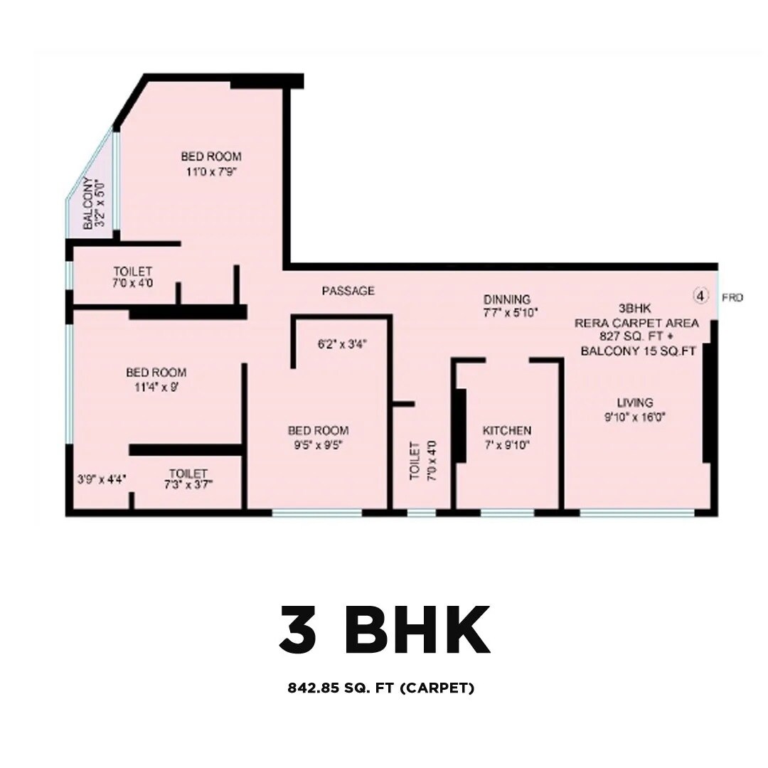 Floor plan of 3 BHK 827 Sq. Ft. Apartment in Nirvaana Crown, Mumbai