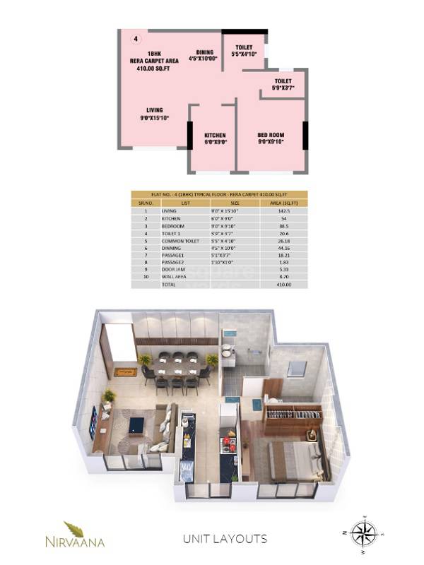 Floor plan of 1 BHK 410 Sq. Ft. Apartment in Nirvaana Emerald, Mumbai