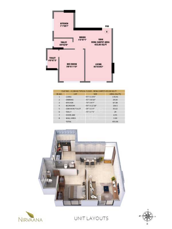 Floor plan of 1 BHK 455 Sq. Ft. Apartment in Nirvaana Emerald, Mumbai