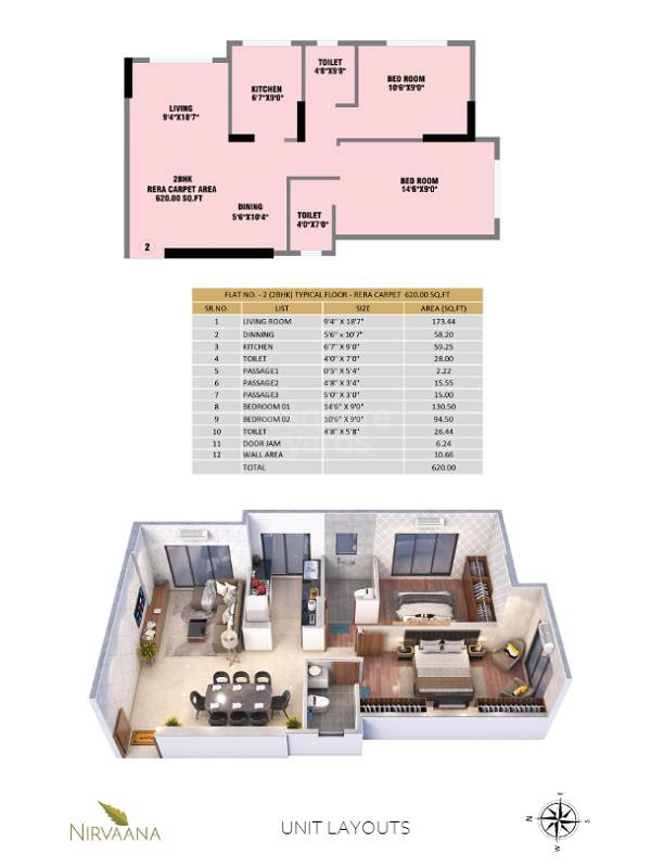 Floor plan of 2 BHK 620 Sq. Ft. Apartment in Nirvaana Emerald, Mumbai