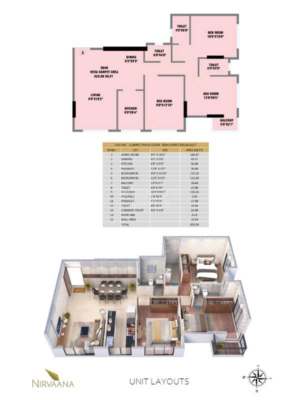 Floor plan of 3 BHK 820 Sq. Ft. Apartment in Nirvaana Emerald, Mumbai