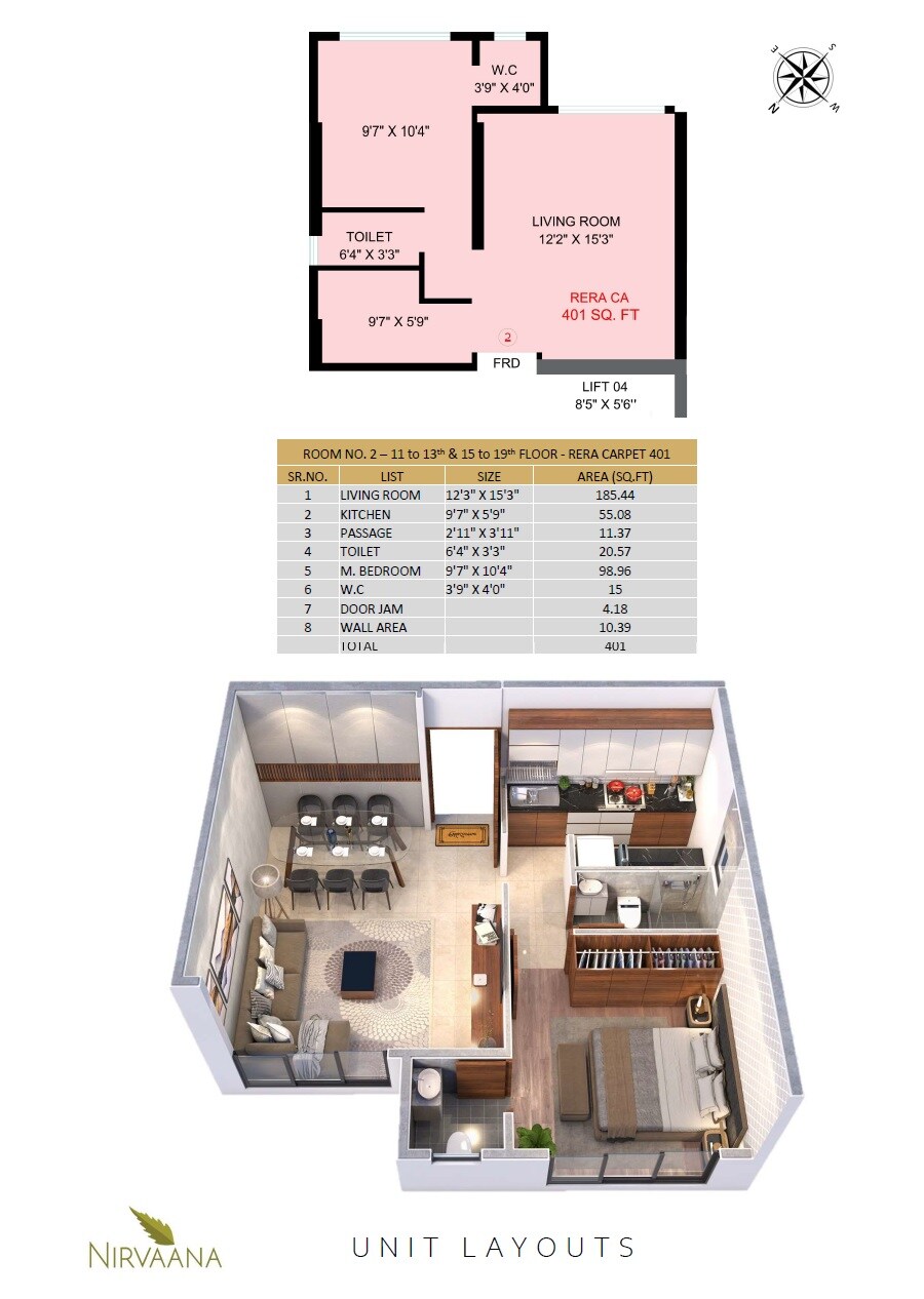 Floor plan of 1 BHK 401 Sq. Ft. Apartment in Nirvaana Heights, Mumbai