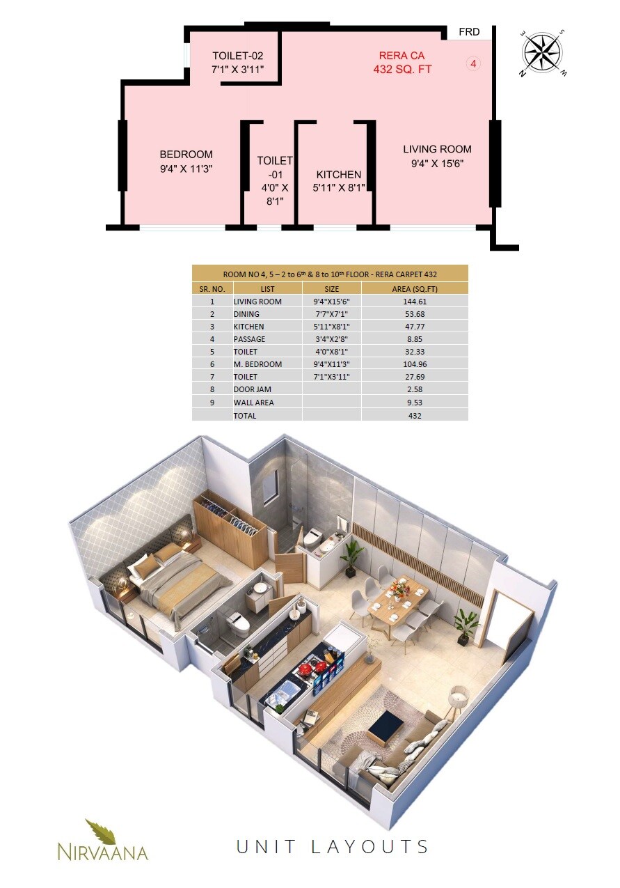 Floor plan of 1 BHK 432 Sq. Ft. Apartment in Nirvaana Heights, Mumbai