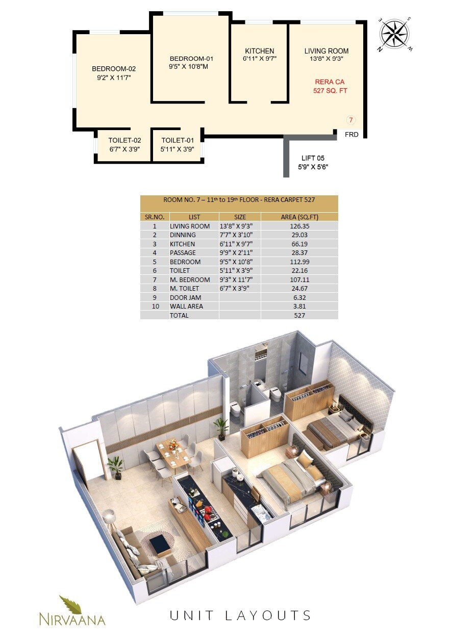 Floor plan of 2 BHK 527 Sq. Ft. Apartment in Nirvaana Heights, Mumbai