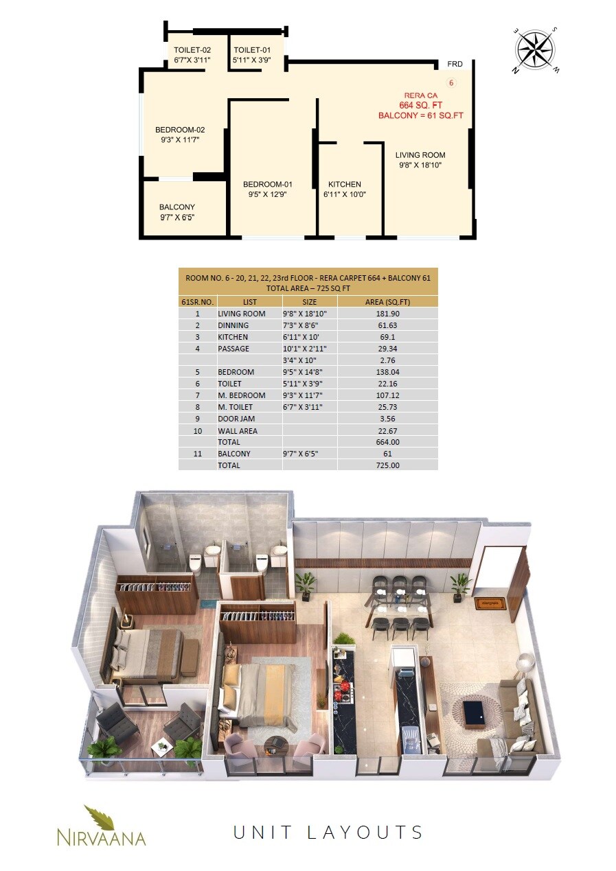 Floor plan of 2 BHK 664 Sq. Ft. Apartment in Nirvaana Heights, Mumbai