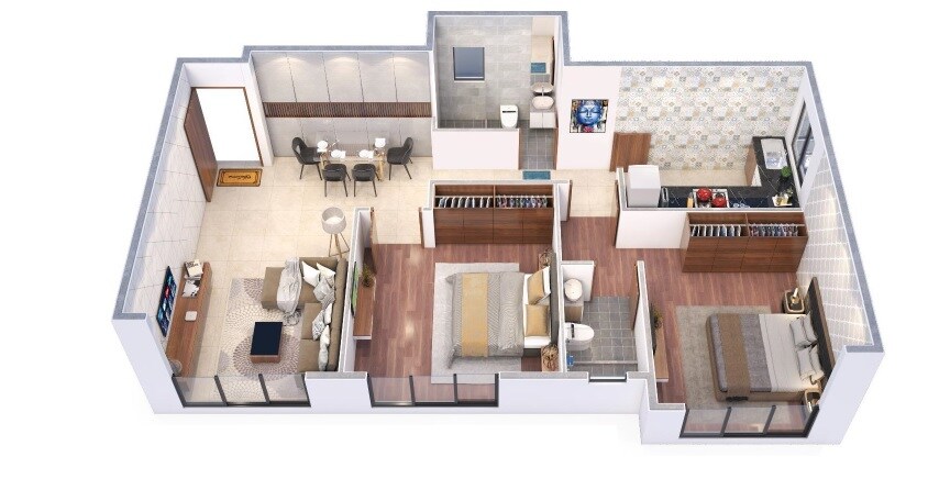 Floor plan of 2 BHK 585 Sq. Ft. Apartment in Nirvaana Pearl, Mumbai