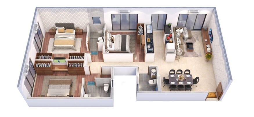 Floor plan of 3 BHK 821 Sq. Ft. Apartment in Nirvaana Pearl, Mumbai