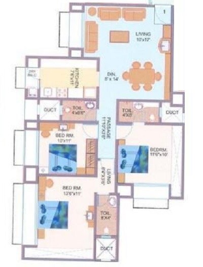 Floor plan of 3 BHK 1350 Sq. Ft. Apartment in Nisha Residency, Mumbai