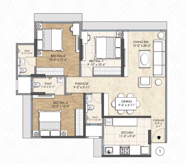 Floor plan of 3 BHK 738 Sq. Ft. Apartment in Nityanand Nagar CHS, Mumbai