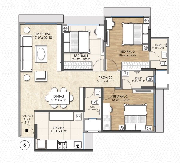 Floor plan of 3 BHK 1197 Sq. Ft. Apartment in Nityanand Nagar CHS, Mumbai