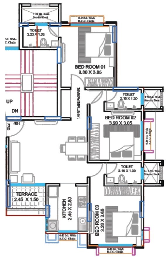Floor plan of 3 BHK 1040 Sq. Ft. Apartment in Nivara Deepanjali CHSL, Mumbai