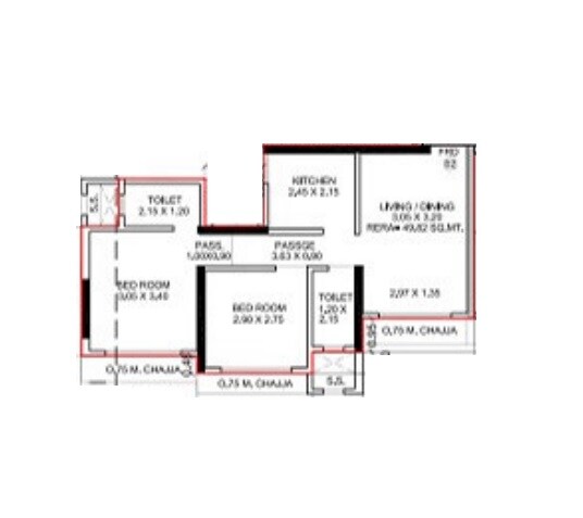 Floor plan of 2 BHK 556 Sq. Ft. Apartment in NL Krishna, Mumbai