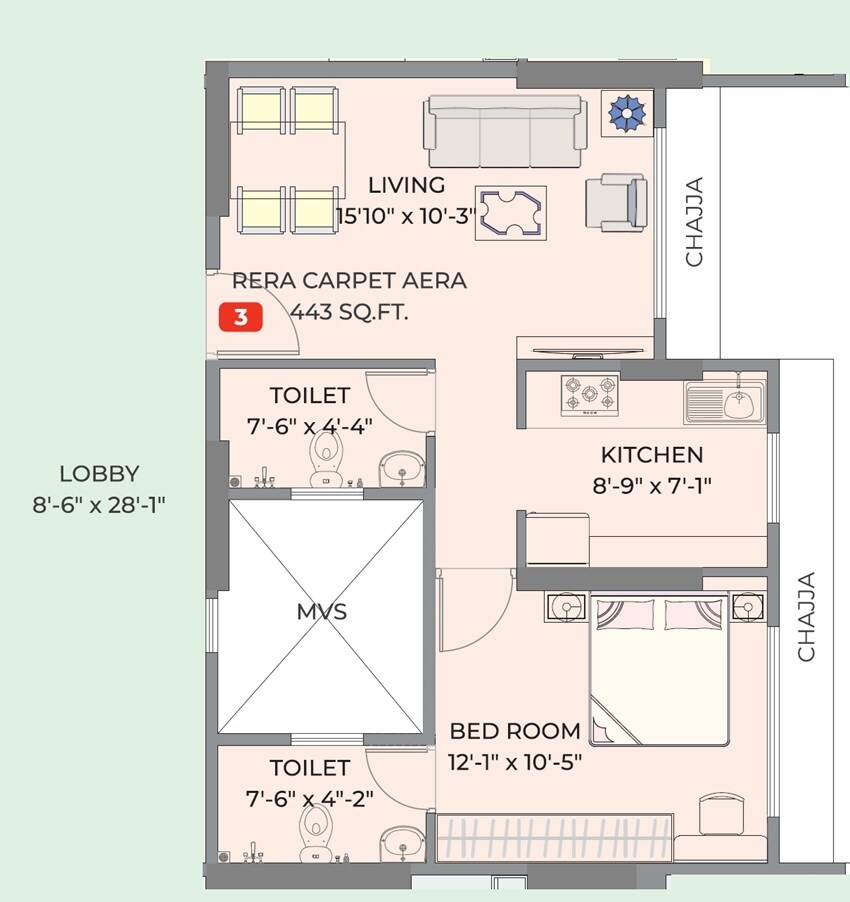 Floor plan of 1 BHK 443 Sq. Ft. Apartment in NL Park View, Mumbai