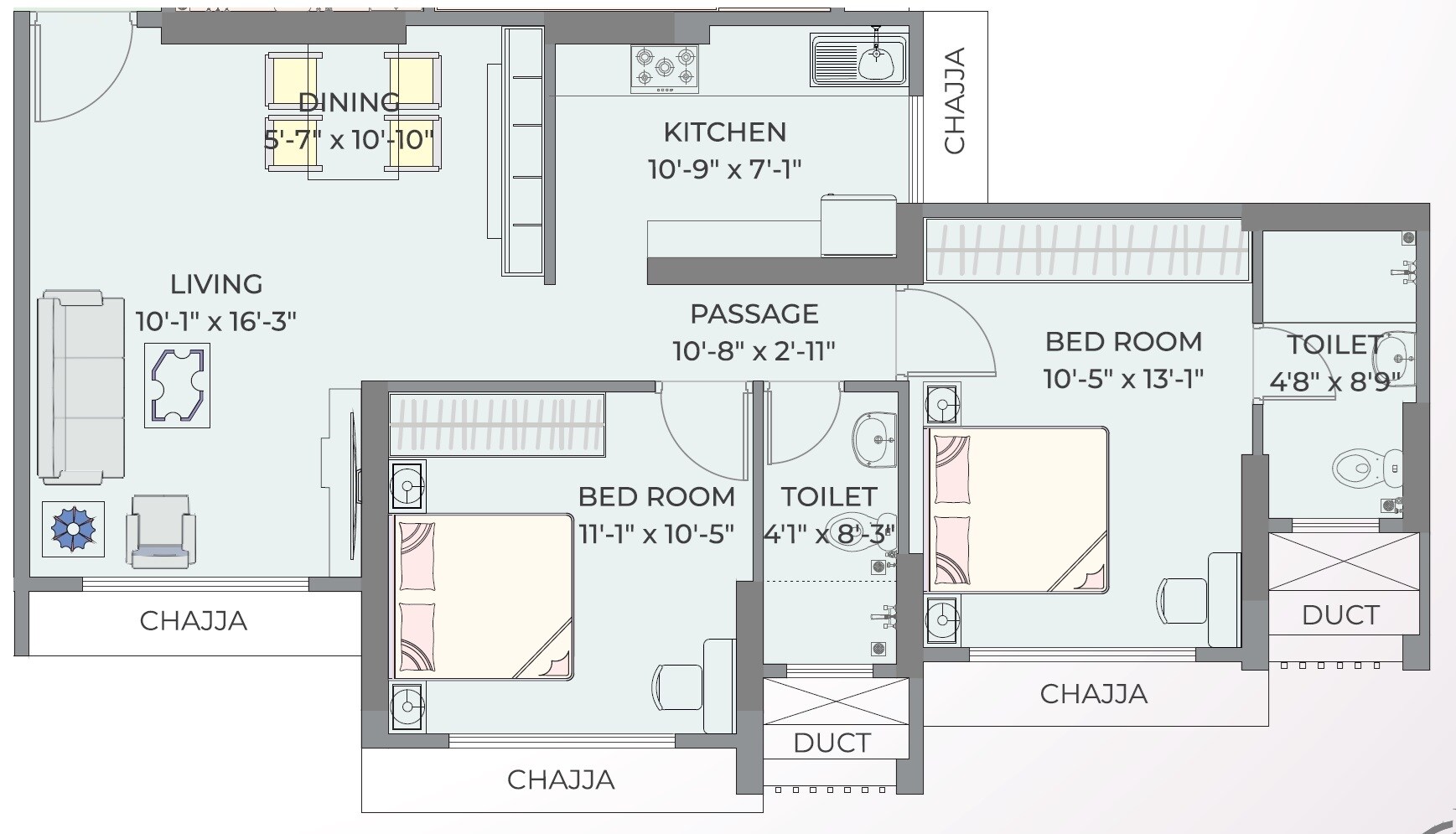 Floor plan of 2 BHK 527 Sq. Ft. Apartment in NL Park View, Mumbai
