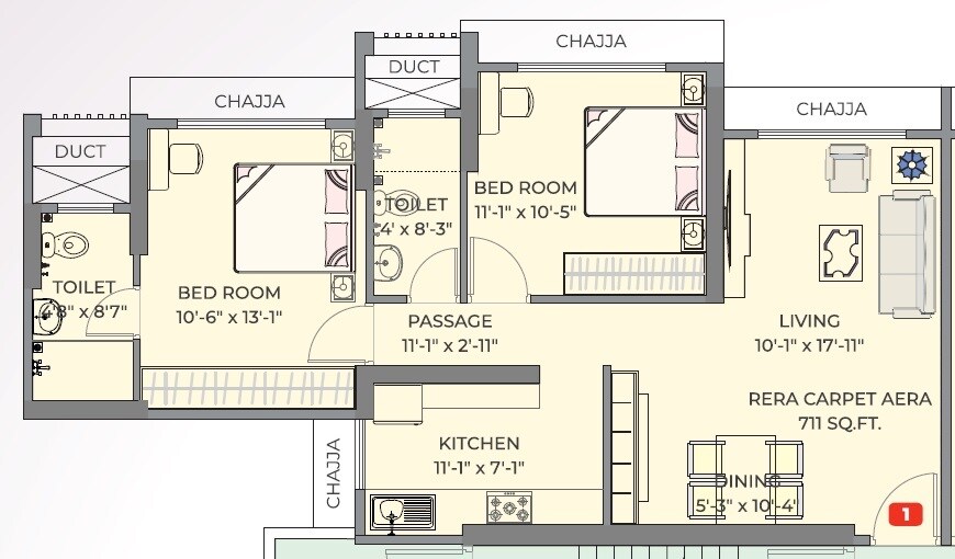 Floor plan of 2 BHK 711 Sq. Ft. Apartment in NL Park View, Mumbai