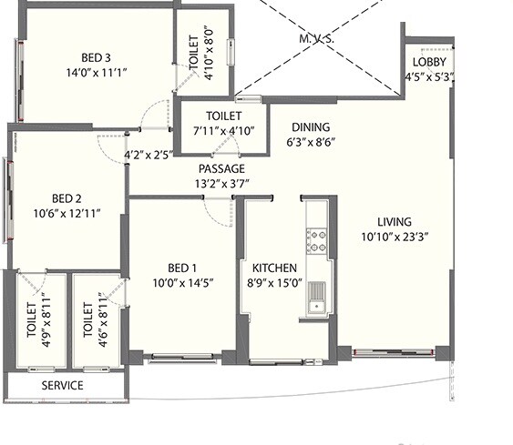 Floor plan of 3 BHK 1179 Sq. Ft. Apartment in NL Taksasila, Mumbai