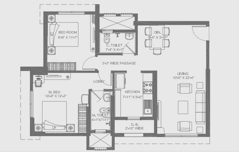 Floor plan of 2 BHK 1150 Sq. Ft. Apartment in NLPL Airavath, Mumbai