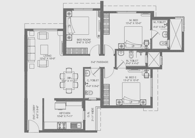 Floor plan of 3 BHK 1575 Sq. Ft. Apartment in NLPL Airavath, Mumbai