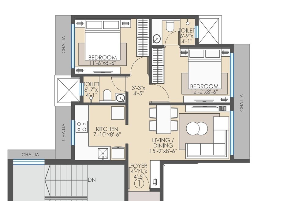 2 BHK 581 Sq. Ft. Apartment