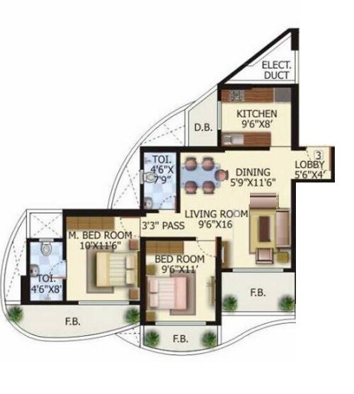 Floor plan of 2 BHK 646 Sq. Ft. Apartment in Nrose Heaven Plaza, Mumbai