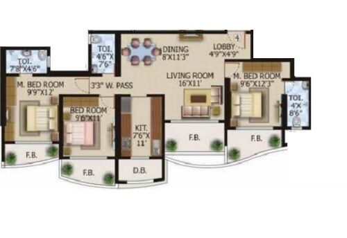 3 BHK 869 Sq. Ft. Apartment