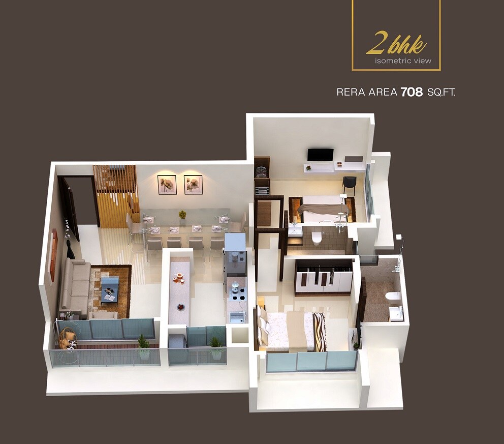 Floor plan of 2 BHK 708 Sq. Ft. Apartment in Nutan Rekhaz, Mumbai