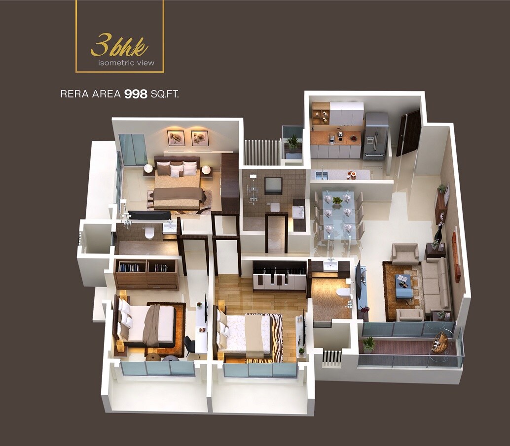 Floor plan of 3 BHK 998 Sq. Ft. Apartment in Nutan Rekhaz, Mumbai