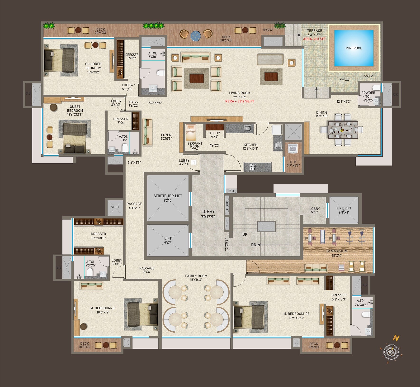 Floor plan of 4 BHK 3312 Sq. Ft. Penthouse in Nutan Rekhaz, Mumbai