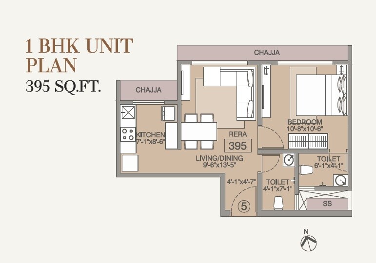 Floor plan of 1 BHK 395 Sq. Ft. Apartment in NVN ODC 1, Mumbai