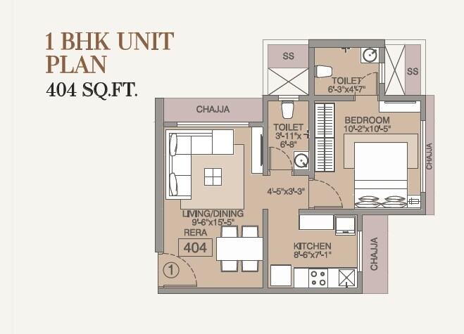 Floor plan of 1 BHK 404 Sq. Ft. Apartment in NVN ODC 1, Mumbai