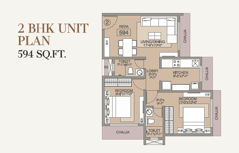 Floor plan of 2 BHK 594 Sq. Ft. Apartment in NVN ODC 1, Mumbai