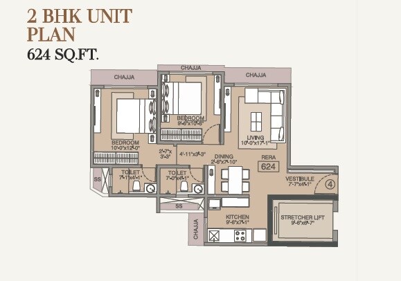 Floor plan of 2 BHK 624 Sq. Ft. Apartment in NVN ODC 1, Mumbai