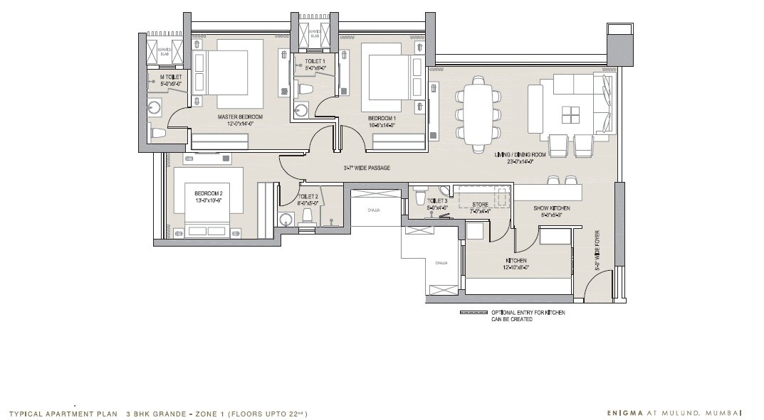 Floor plan of 3 BHK 1303 Sq. Ft. Apartment in Oberoi Enigma, Mumbai