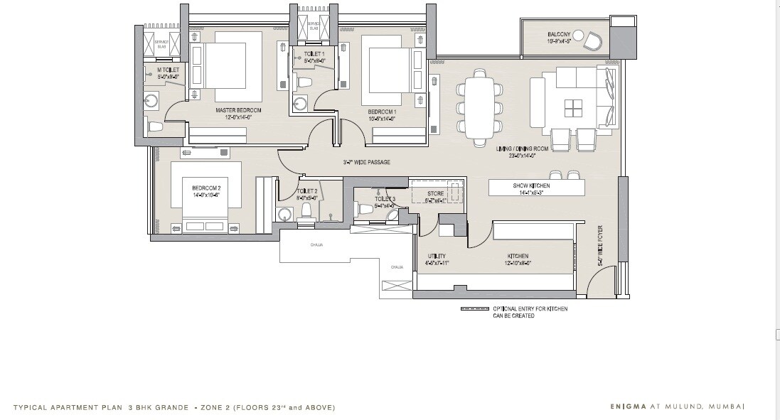 Floor plan of 3 BHK 1415 Sq. Ft. Apartment in Oberoi Enigma, Mumbai