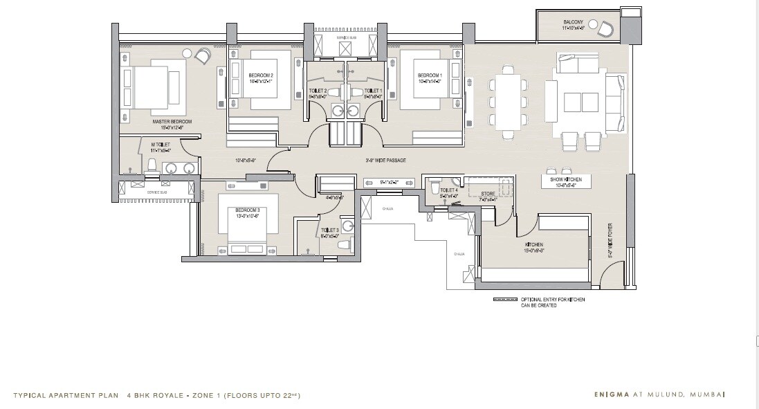 Floor plan of 4 BHK 1886 Sq. Ft. Apartment in Oberoi Enigma, Mumbai