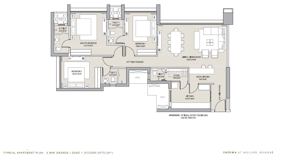 Floor plan of 3 BHK 912 Sq. Ft. Apartment in Oberoi Eternia, Mumbai