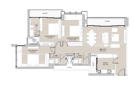 Floor plan of 3 BHK 1100 Sq. Ft. Apartment in Oberoi Exquisite Goregaon, Mumbai