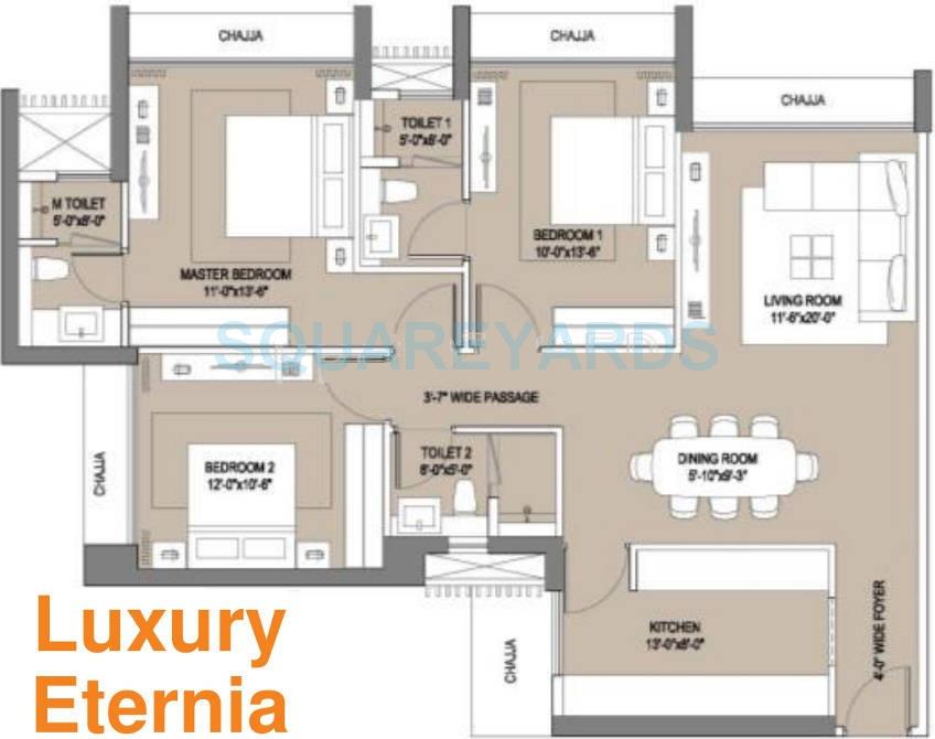 Floor plan of 3 BHK 1415 Sq. Ft. Apartment in Oberoi Realty Enigma And Eternia, Mumbai