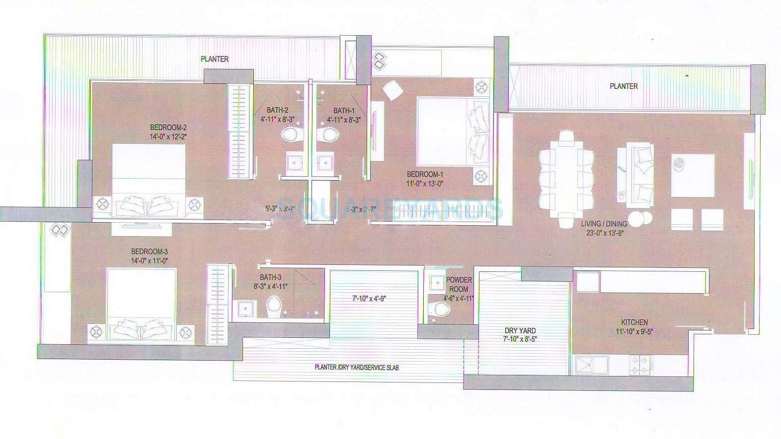 Floor plan of 3 BHK Apartment - 1496 sq. ft. in Oberoi Realty Esquire, Mumbai