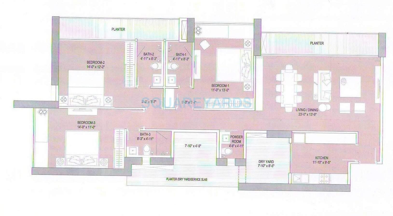 Floor plan of 3 BHK Apartment - 1366 sq. ft. in Oberoi Realty Esquire, Mumbai
