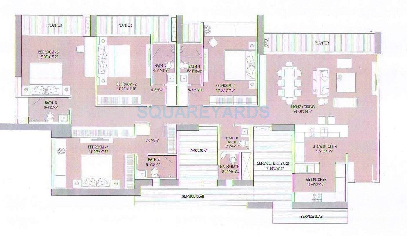 Floor plan of 4 BHK Apartment - 2053 sq. ft. in Oberoi Realty Esquire, Mumbai