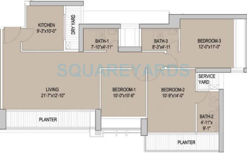 Floor plan of 3 BHK 1100 Sq. Ft. Apartment in Oberoi Realty Exquisite, Mumbai