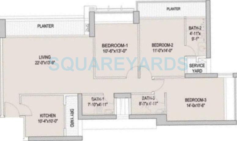 Floor plan of 3 BHK 1300 Sq. Ft. Apartment in Oberoi Realty Exquisite, Mumbai